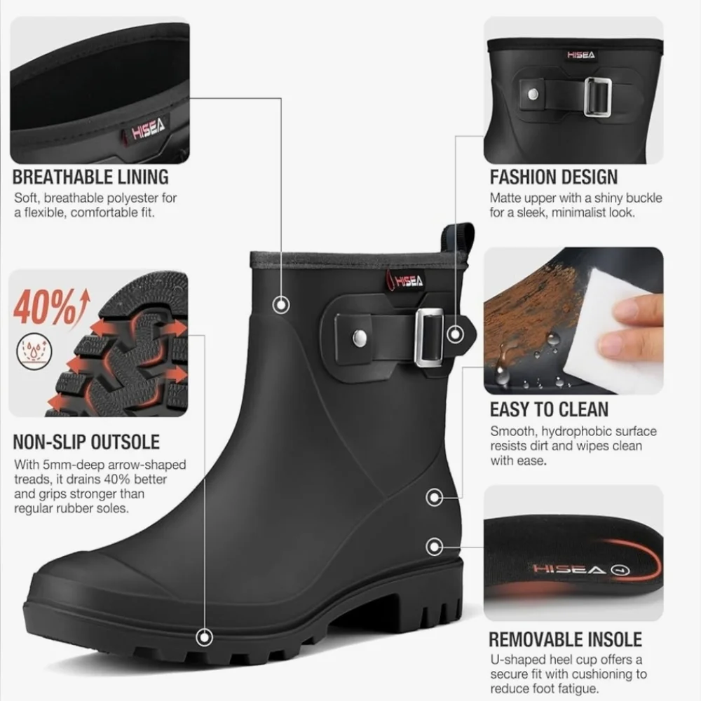 HISEA Women's Short Waterproof Rain Boots - Black